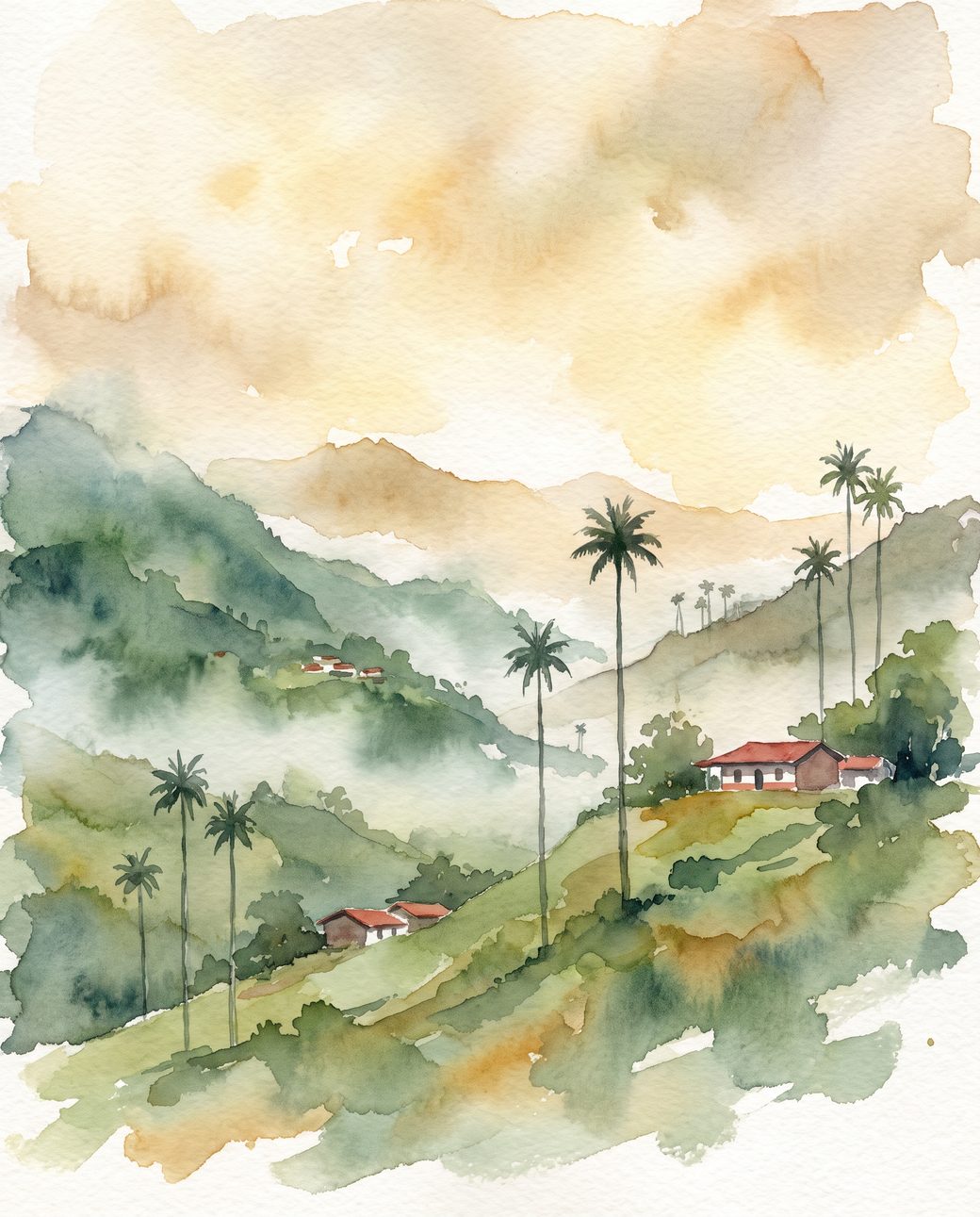 Valle del Cocora en acuarela — palmas de cera del eje cafetero